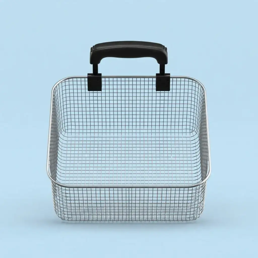Illustration of a person checking an air fryer basket label against a solid light blue background