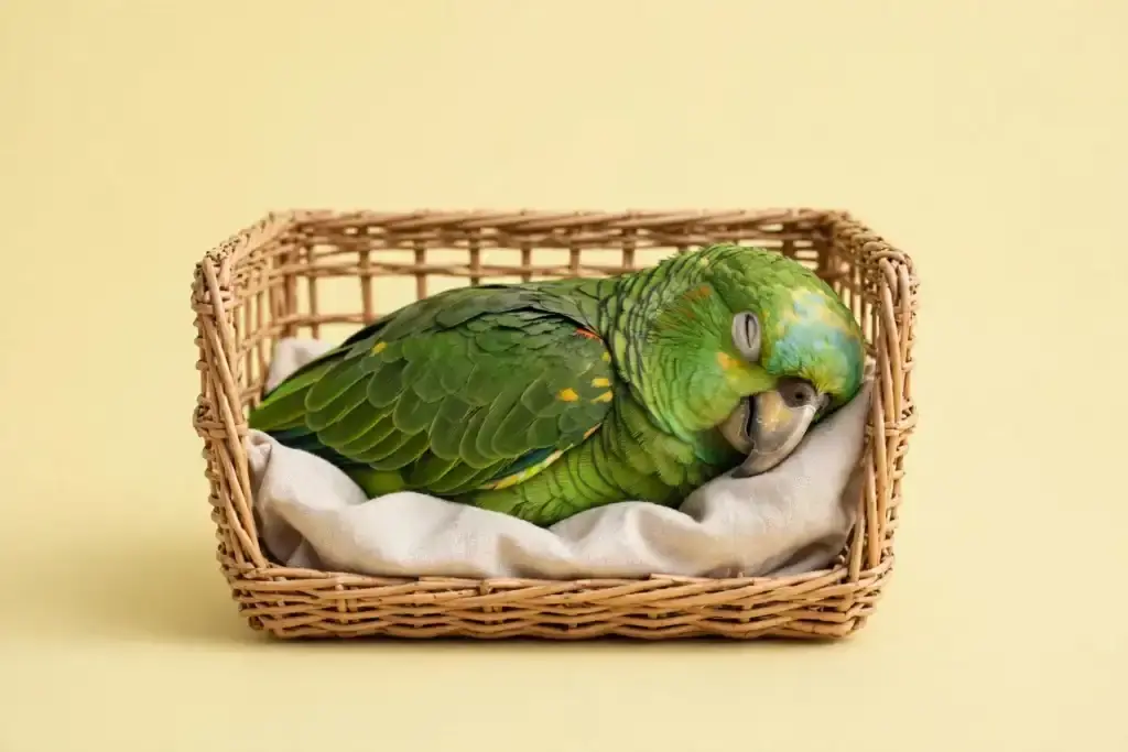 Illustration of a parrot in a carrier in fresh air outside a kitchen against a solid pale yellow background