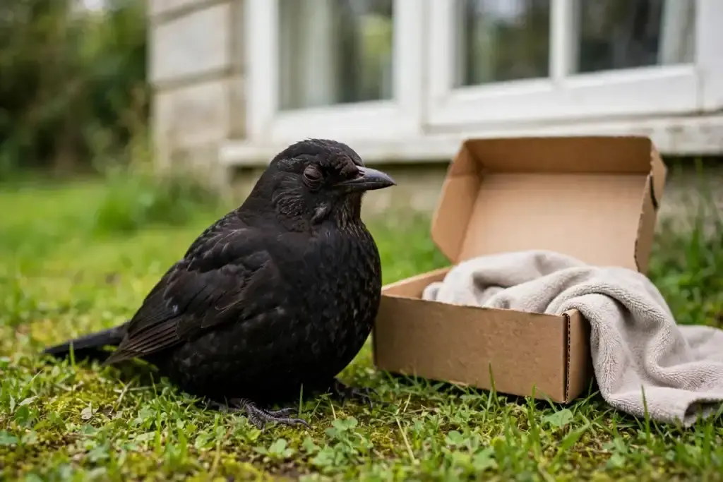 A dazed blackbird sitting on grass near a house window with an open cardboard box beside it