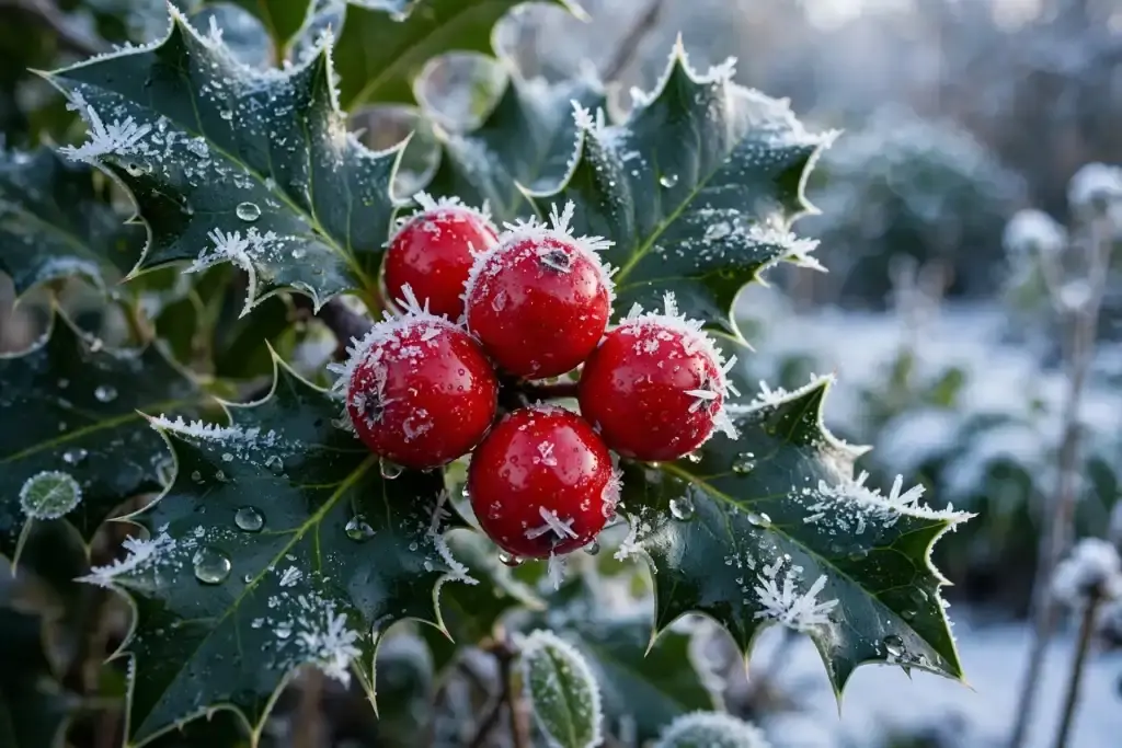 Red holly berries with frost crystals on dark green spiky leaves