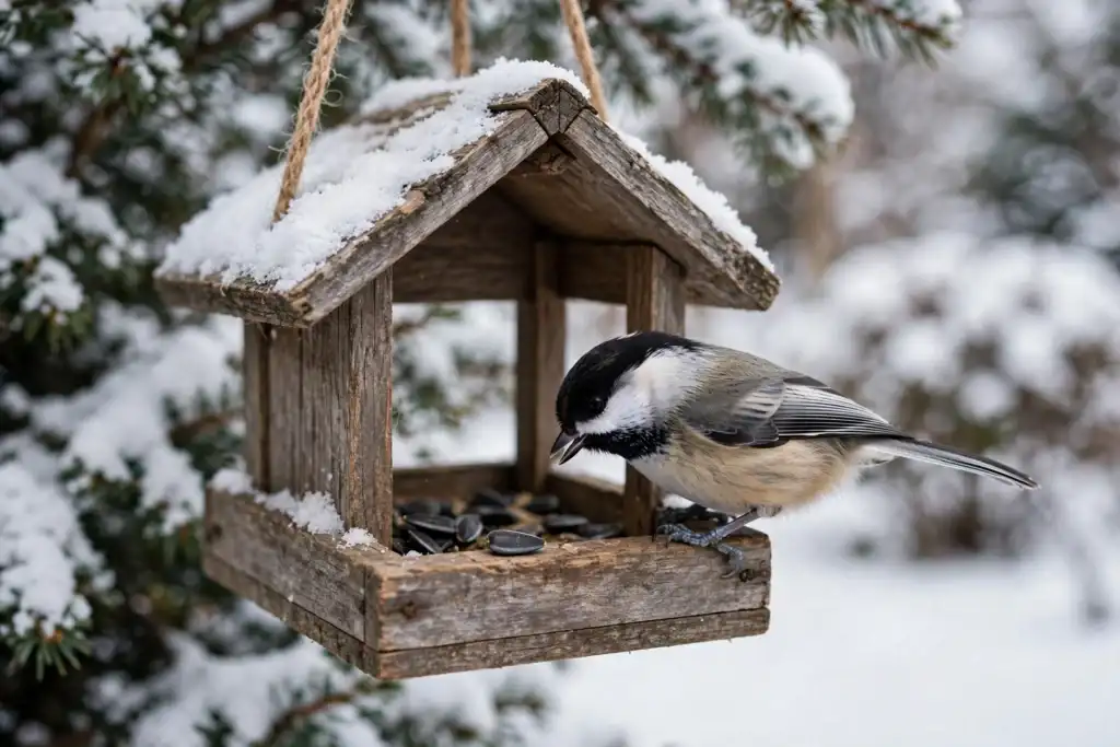 A black-capped chickadee taking a sunflower seed from a wooden bird feeder in a snowy backyard