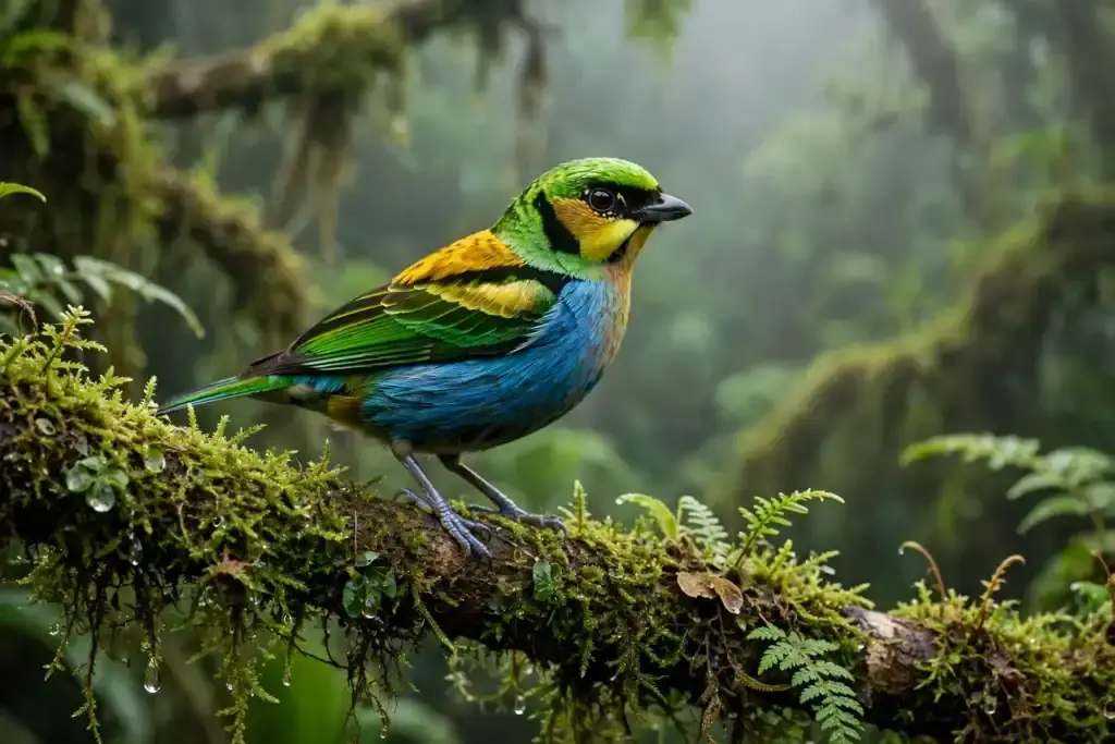 Multicolored tanager with green, gold and blue plumage perched on a mossy branch in cloud forest