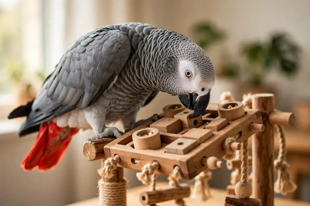 Do Birds Get Bored? Signs, Causes, and How to Fix It 3 An African grey parrot solving a wooden puzzle foraging toy on a play stand