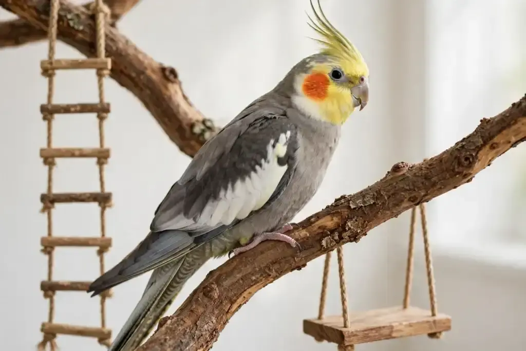 Do Birds Get Bored? Signs, Causes, and How to Fix It 2 A cockatiel with orange cheek patches perched on a natural wooden branch with a rope ladder and swing