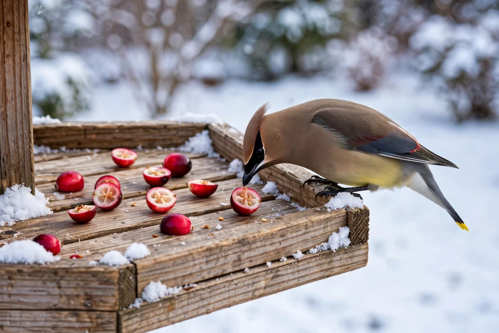 Cedar waxwing taking a halved fresh cranberry from a snow-dusted wooden platform feeder