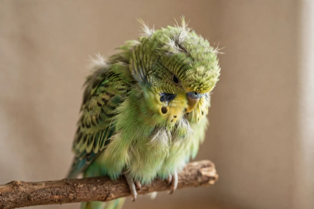 A single parakeet sitting fluffed and alone on a perch with unkempt feathers