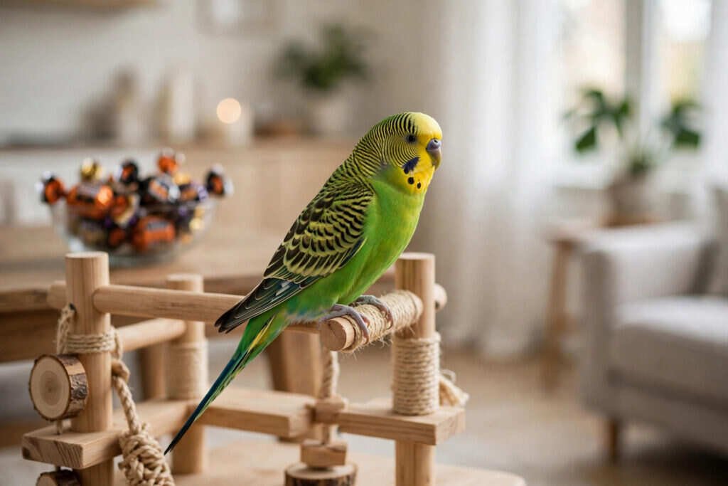 A green budgerigar on a play stand with a bowl of Halloween candy far out of reach