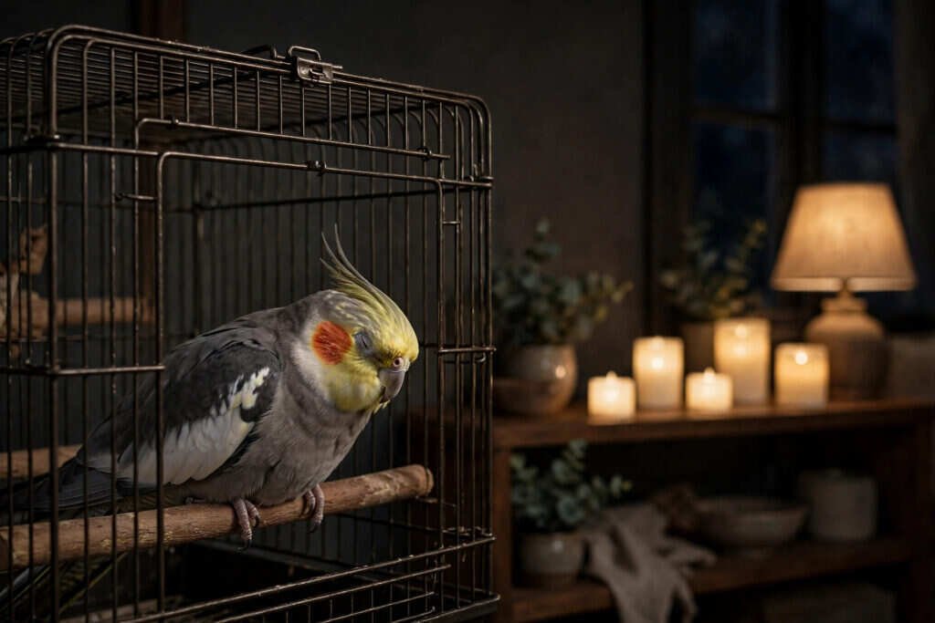 A cockatiel resting in its cage in a quiet room with LED candles glowing nearby