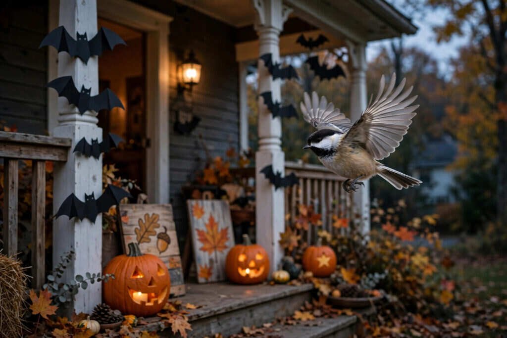 A chickadee flying past safe solid Halloween decorations, pumpkins and paper bats