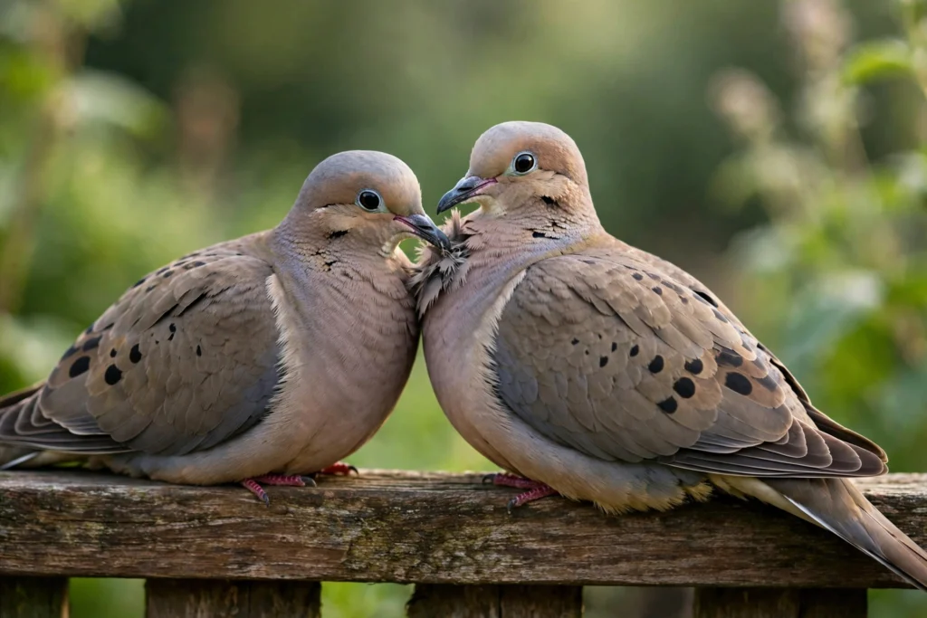 A pair of mourning doves perched close together, one nibbling at the neck feathers of the other