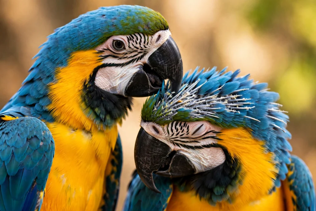 Close view of a parrot gently nibbling pin feathers on the head of another parrot
