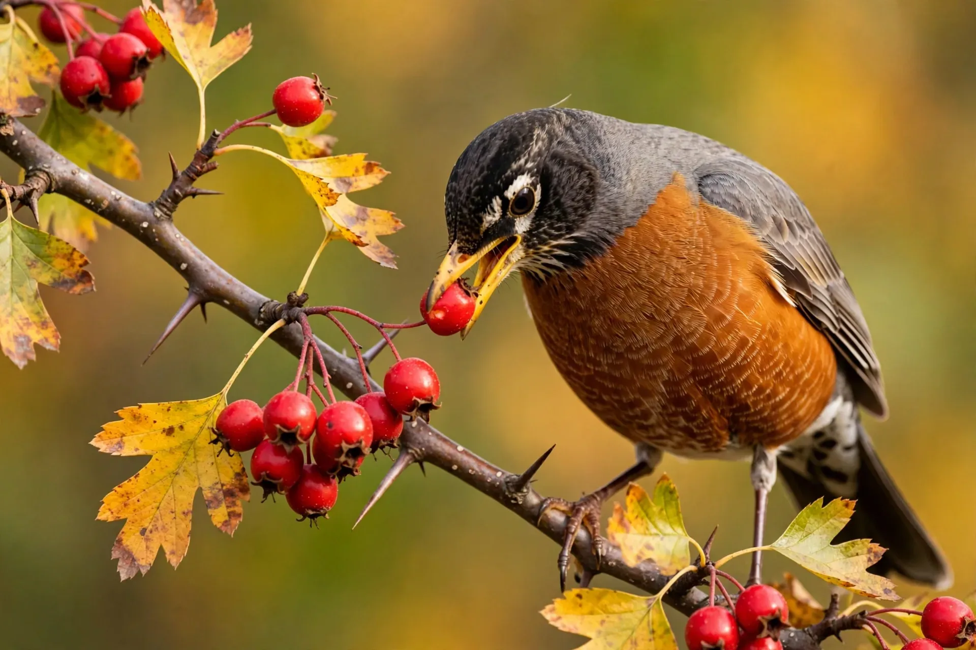 American robin plucking a red hawthorn berry from a branch in fall