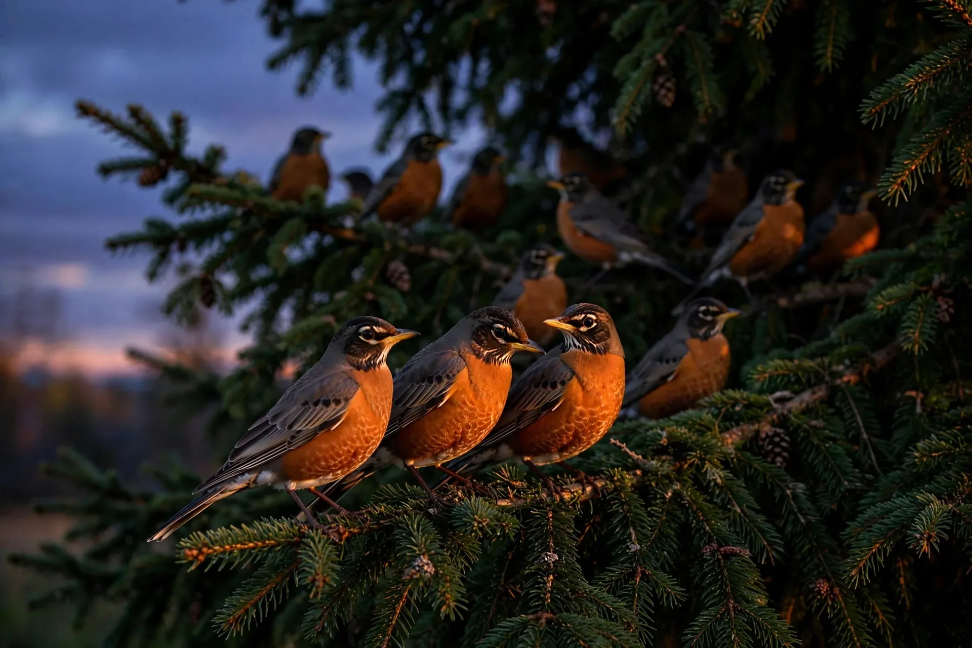 Silhouettes of roosting robins packed into dense evergreen branches at sunset