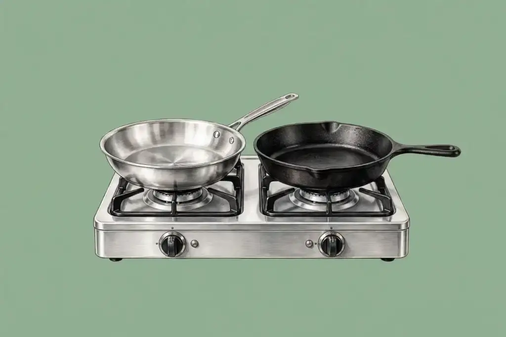 Illustration of stainless steel and cast iron pans on a stove against a solid sage green background