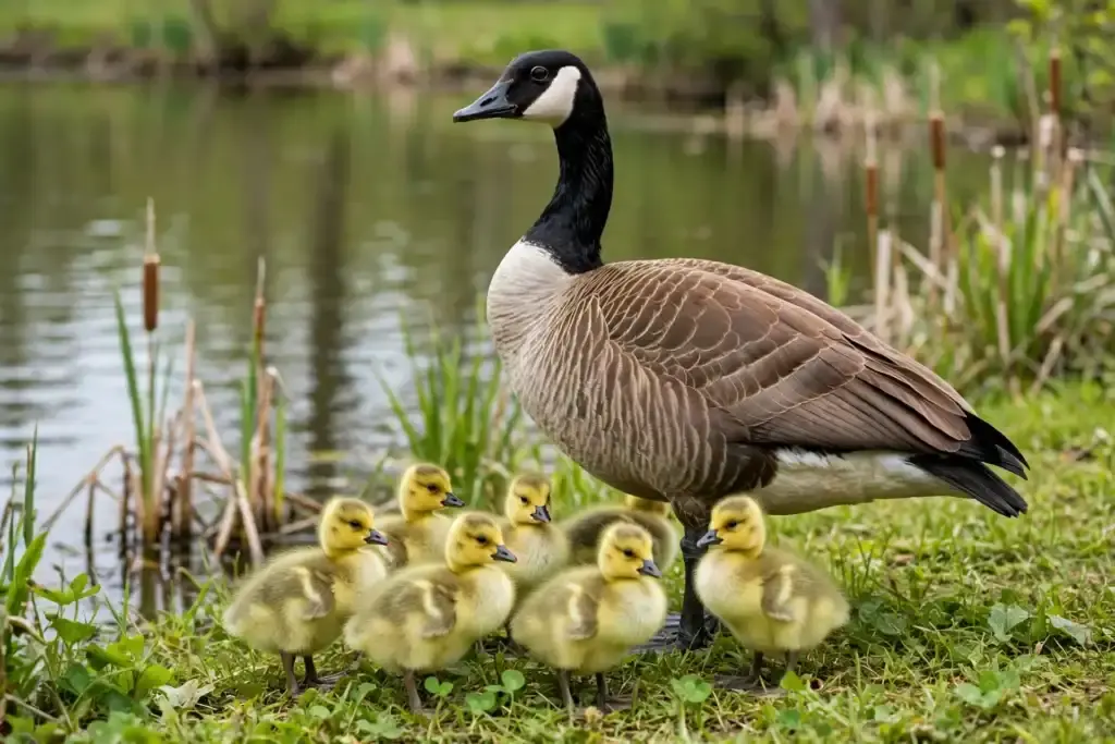 An adult goose standing guard over several small yellow goslings on grass beside a pond