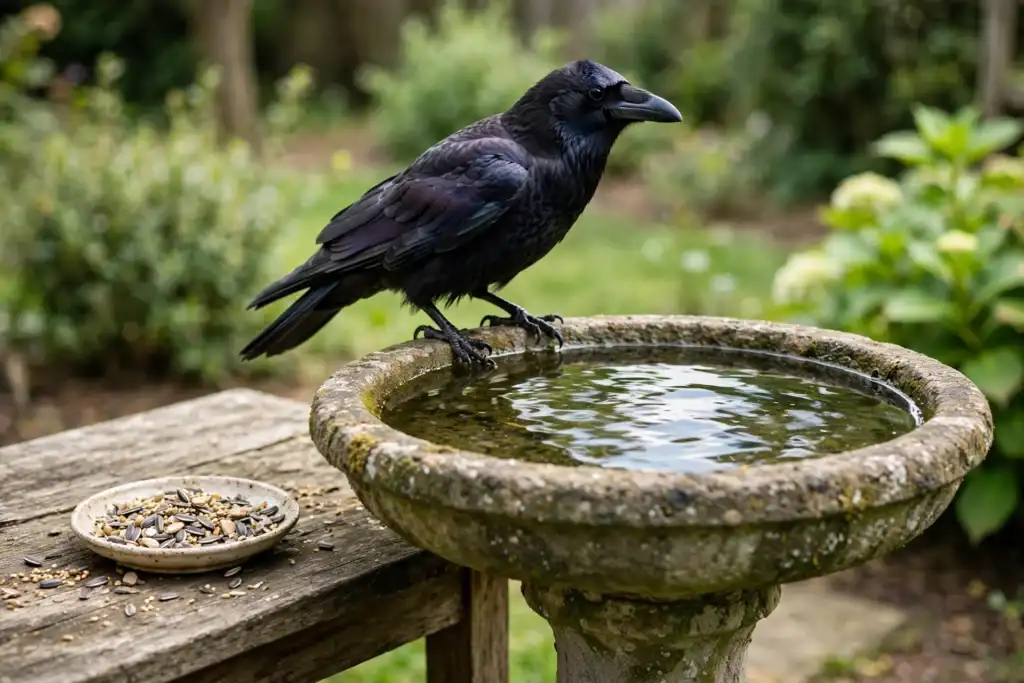 Why Do Crows Dip Food in Water? The Real Reasons Behind the Habit 4 A black crow perched on the rim of a stone birdbath beside a small dish of seeds on a garden table