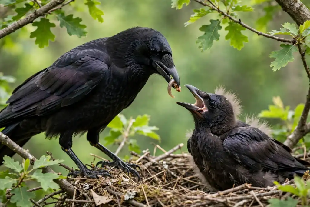 Why Do Crows Dip Food in Water? The Real Reasons Behind the Habit 3 An adult crow offering a morsel of food to a young fledgling with its beak open at a twig nest