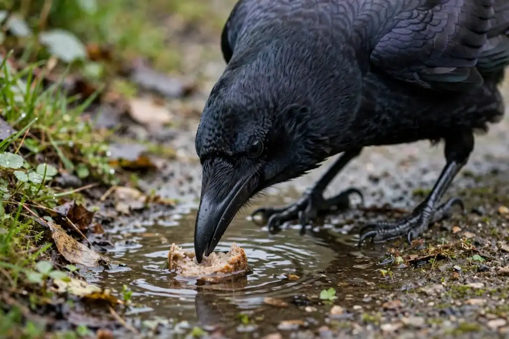 Why Do Crows Dip Food in Water? The Real Reasons Behind the Habit 2 A black crow dipping a piece of bread into a shallow puddle on a garden path