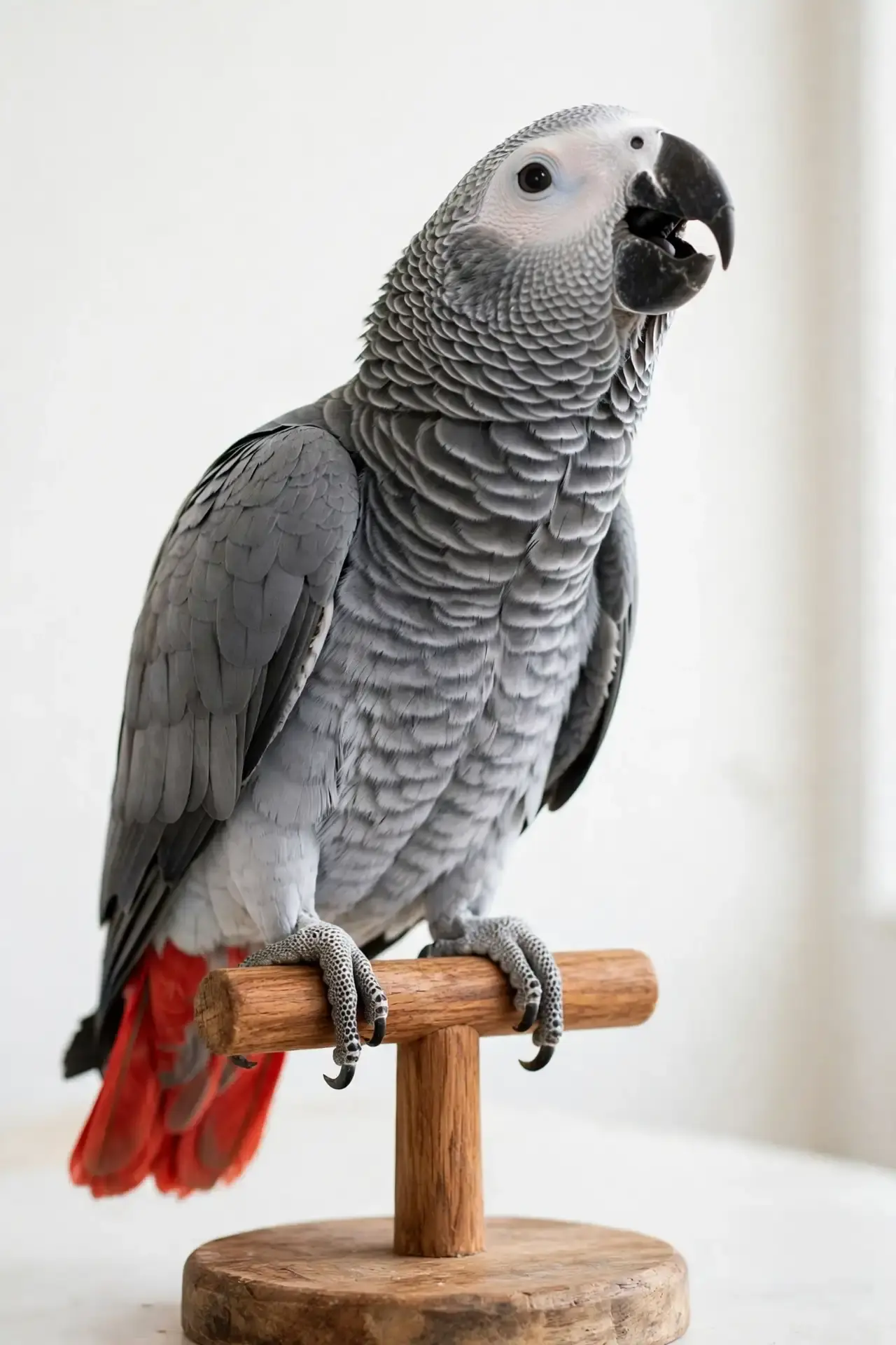 An African grey parrot perched on a wooden stand indoors, head tilted with its beak slightly open