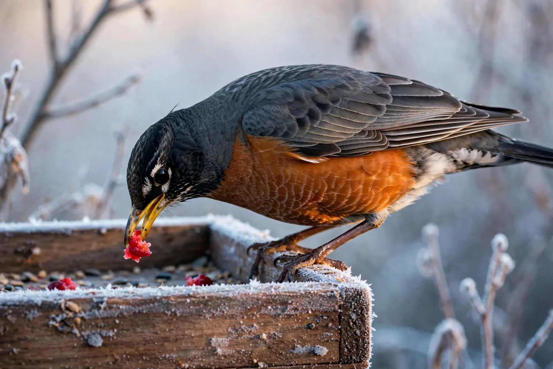 American robin eating a chopped cranberry from a tray feeder on a frosty autumn morning