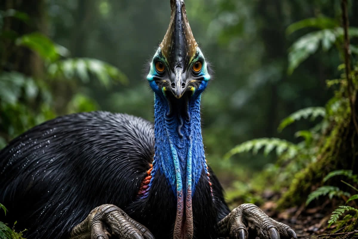 Close-up of a cassowary, a large flightless bird whose prehistoric look makes people ask, are birds dinosaurs?