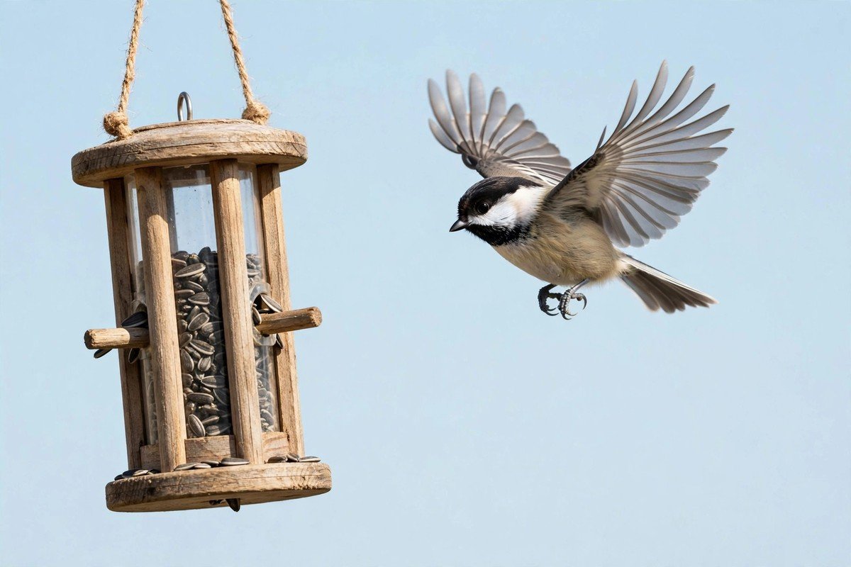 Black-capped chickadee in flight approaching a wooden tube bird feeder, showing how birds find bird feeders in backyards