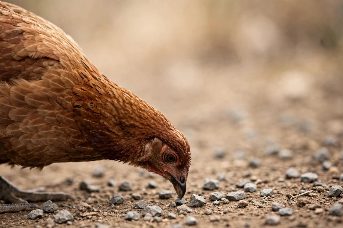 Brown hen chicken pecking at small grit stones on bare earth, illustrating why birds need grit to grind food