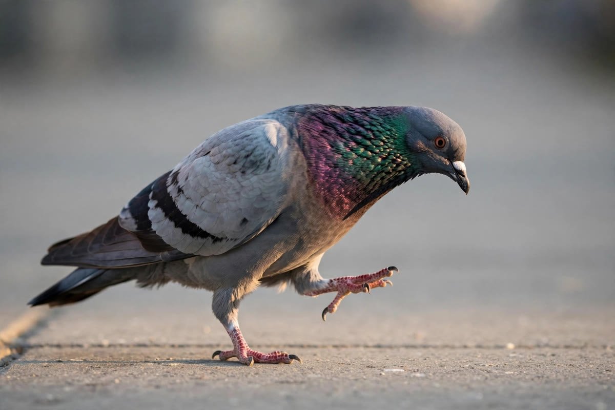Rock pigeon with head snapped forward mid-bob while striding across a city sidewalk, showing why birds bob their heads when they walk