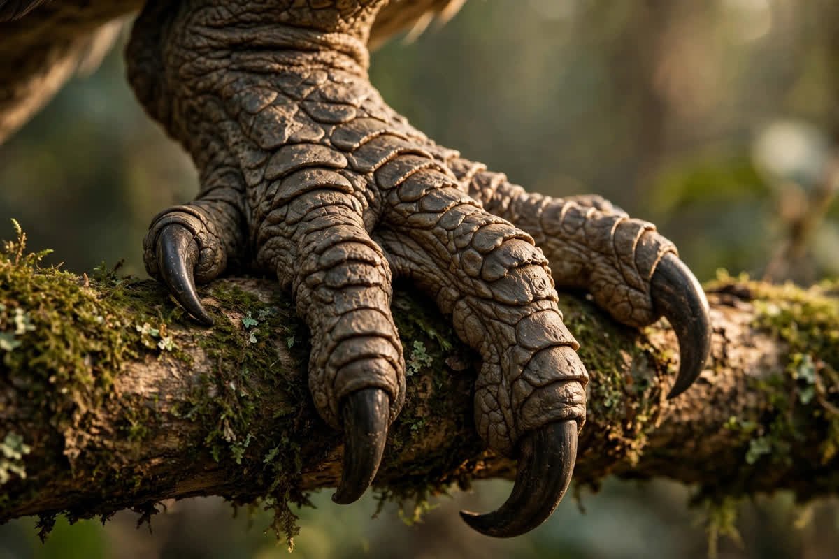 Are Birds Dinosaurs? The Feathered Truth About Bird Evolution 2 Macro photograph of a bird's scaly three-toed foot with sharp claws gripping a mossy branch, showing dinosaur-like scales