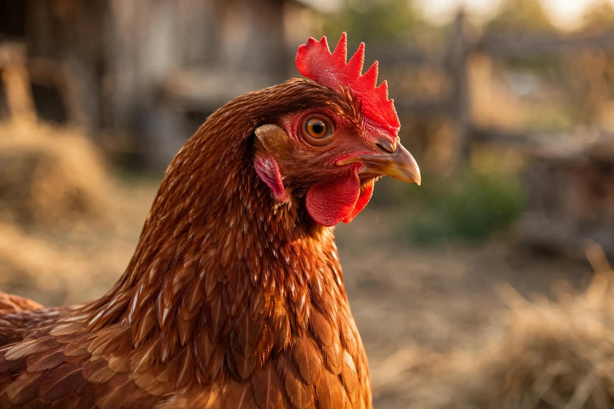 Are Birds Dinosaurs? The Feathered Truth About Bird Evolution 3 Profile portrait of a Rhode Island Red chicken with a bright amber eye in warm golden light