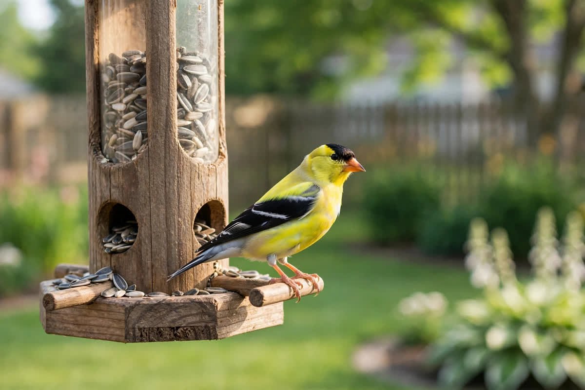 Are Birds Dinosaurs? The Feathered Truth About Bird Evolution 4 American goldfinch perched on a wooden tube bird feeder in a sunny backyard