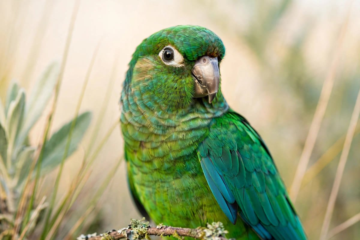 Close-up portrait of an alert green-cheeked conure with bright, clear eyes