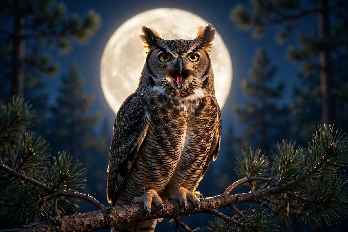 A great horned owl hooting at night with its beak open under a full moon, showing why do owls hoot at night