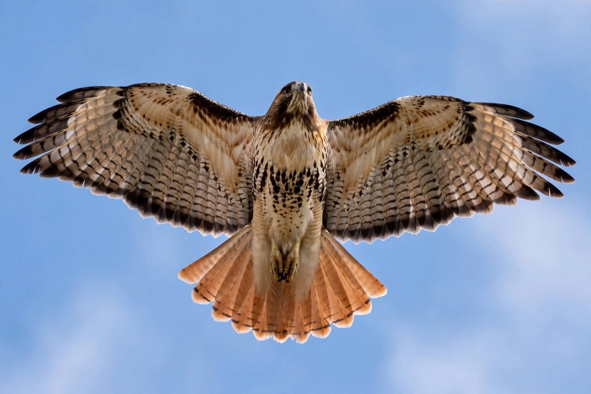 Red-tailed hawk soaring with wings spread wide against a blue sky, showing how birds fly