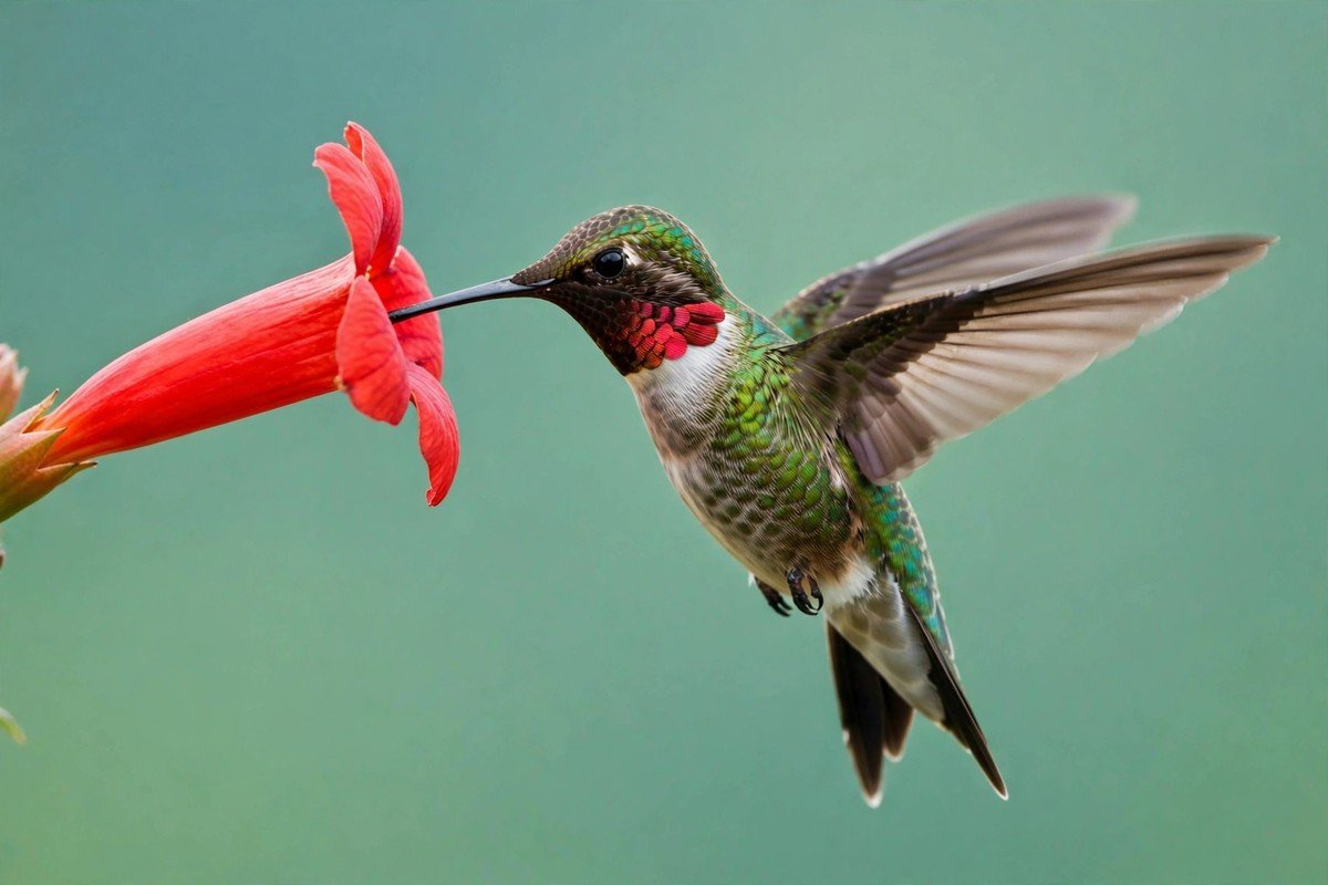 Ruby-throated hummingbird hovering at a red trumpet flower, showing what colors attract birds like hummingbirds to nectar blooms