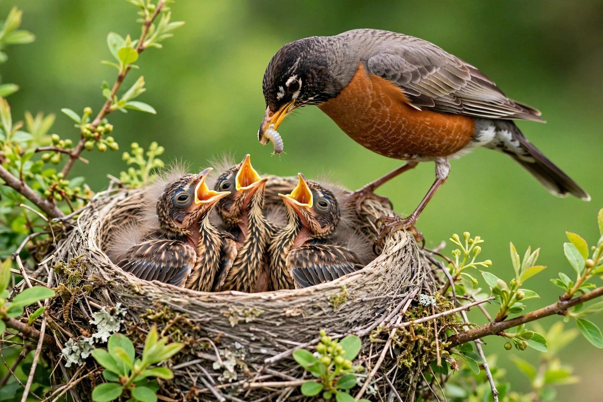 How long do baby birds stay in the nest: American robin nestlings huddle in a woven cup nest as a parent arrives with food