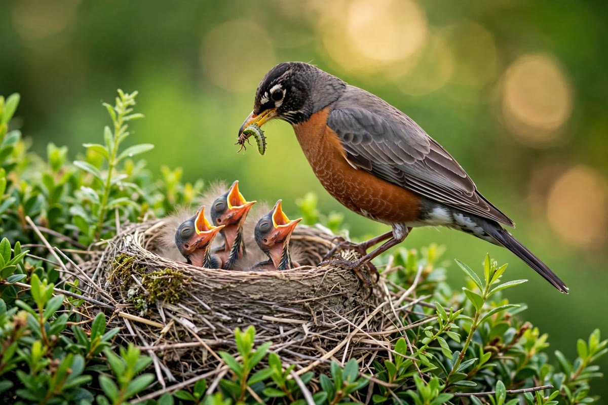 An adult American robin feeding nestlings in a shrub nest. Do birds abandon their babies if you touch them? Almost certainly not.