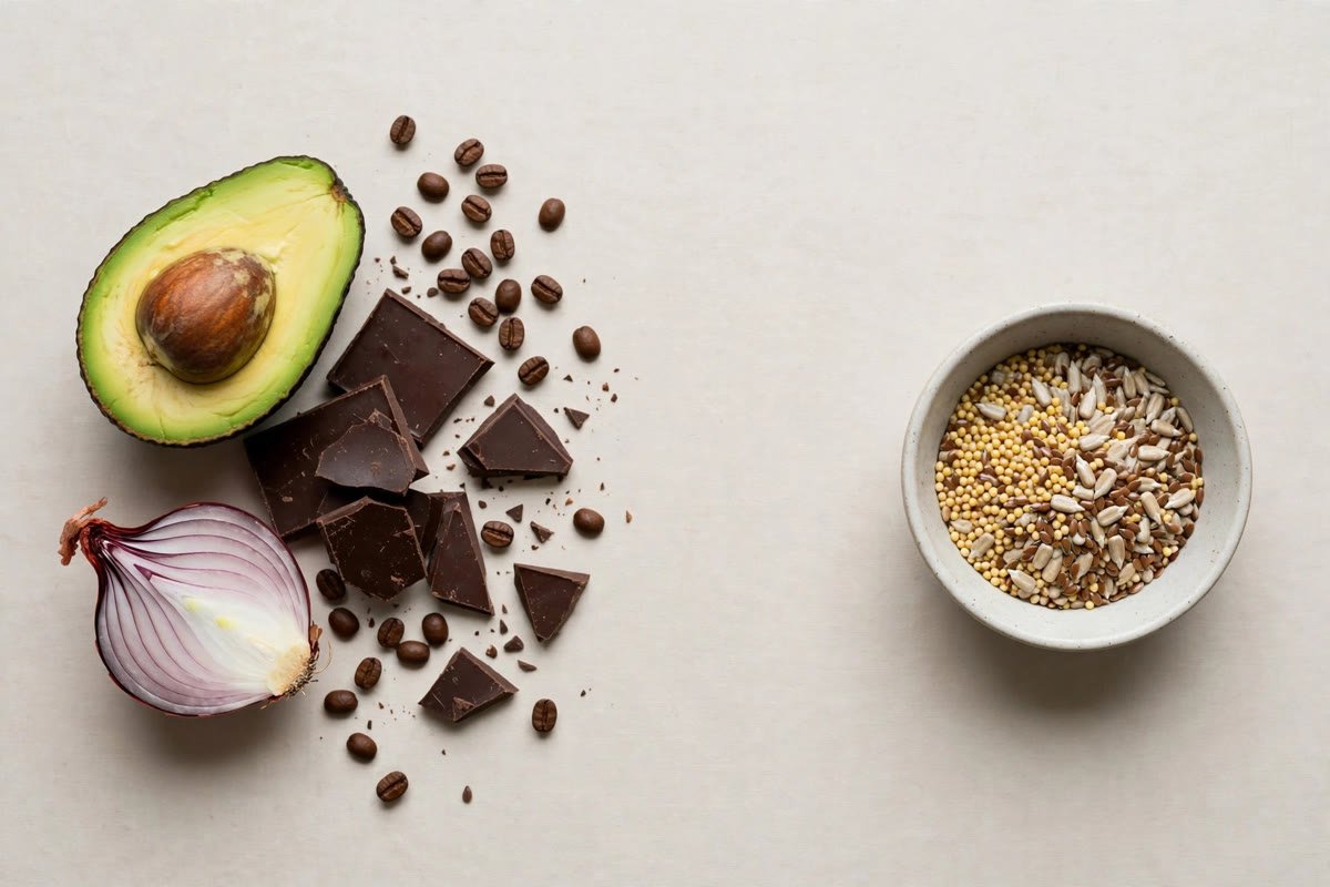 Flat-lay of toxic foods for birds to avoid: avocado half, chocolate chunks, coffee beans, and onion set apart from a bowl of safe bird seeds