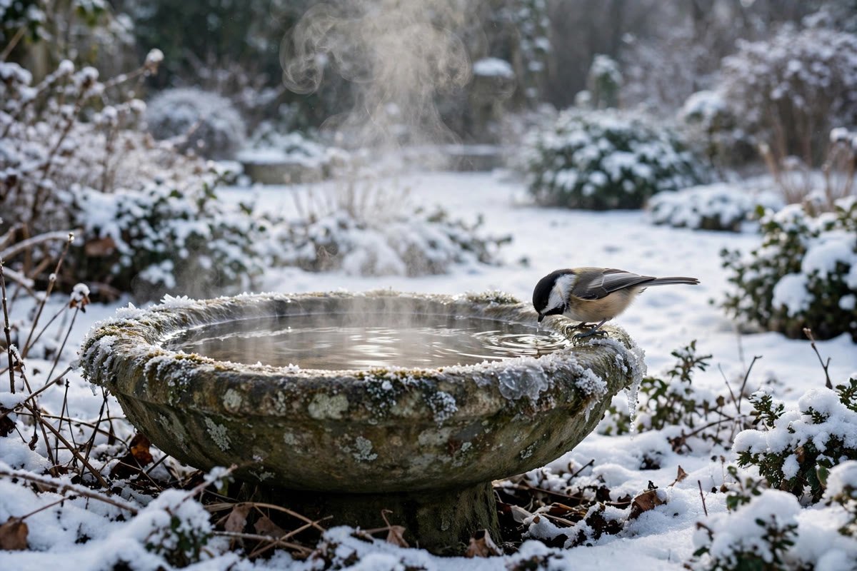How to Help Birds in Winter: 9 Backyard Actions That Work 3 Chickadee drinking from an unfrozen stone birdbath in a snowy backyard garden.