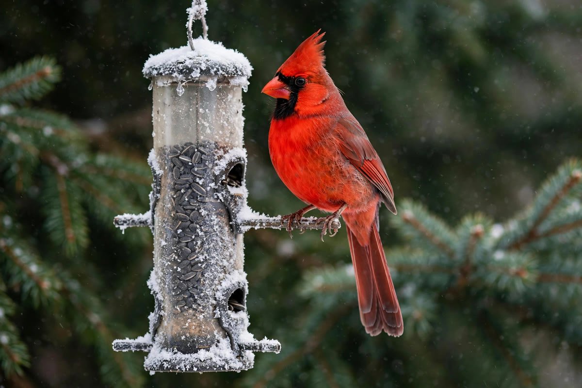 Male northern cardinal at a snow-dusted feeder in falling snow, an example of how to help birds in winter with reliable food sources.