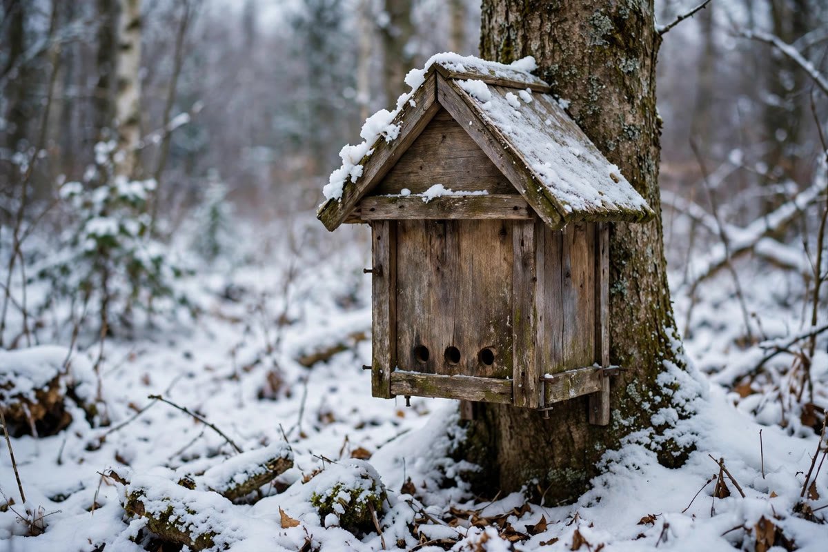How to Help Birds in Winter: 9 Backyard Actions That Work 4 Wooden roost box with low entrance holes mounted on a tree trunk in a snowy winter scene.