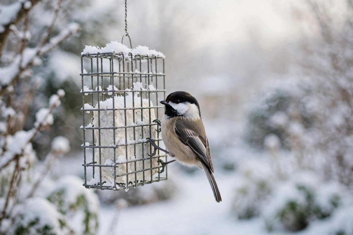 How to Help Birds in Winter: 9 Backyard Actions That Work 2 Black-capped chickadee clinging to a wire suet cage feeder dusted with snow in a winter garden.