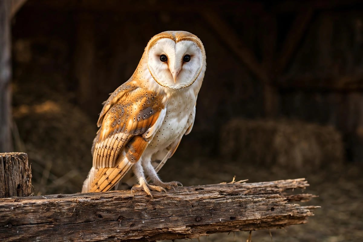 Barn owl with heart-shaped white face perched on a wooden barn beam, the owl behind the question what is an owl pellet