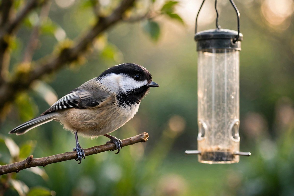 A black-capped chickadee perched on a branch eyeing an empty hanging tube feeder in a morning garden, picturing the common frustration behind why are birds not coming to my feeder