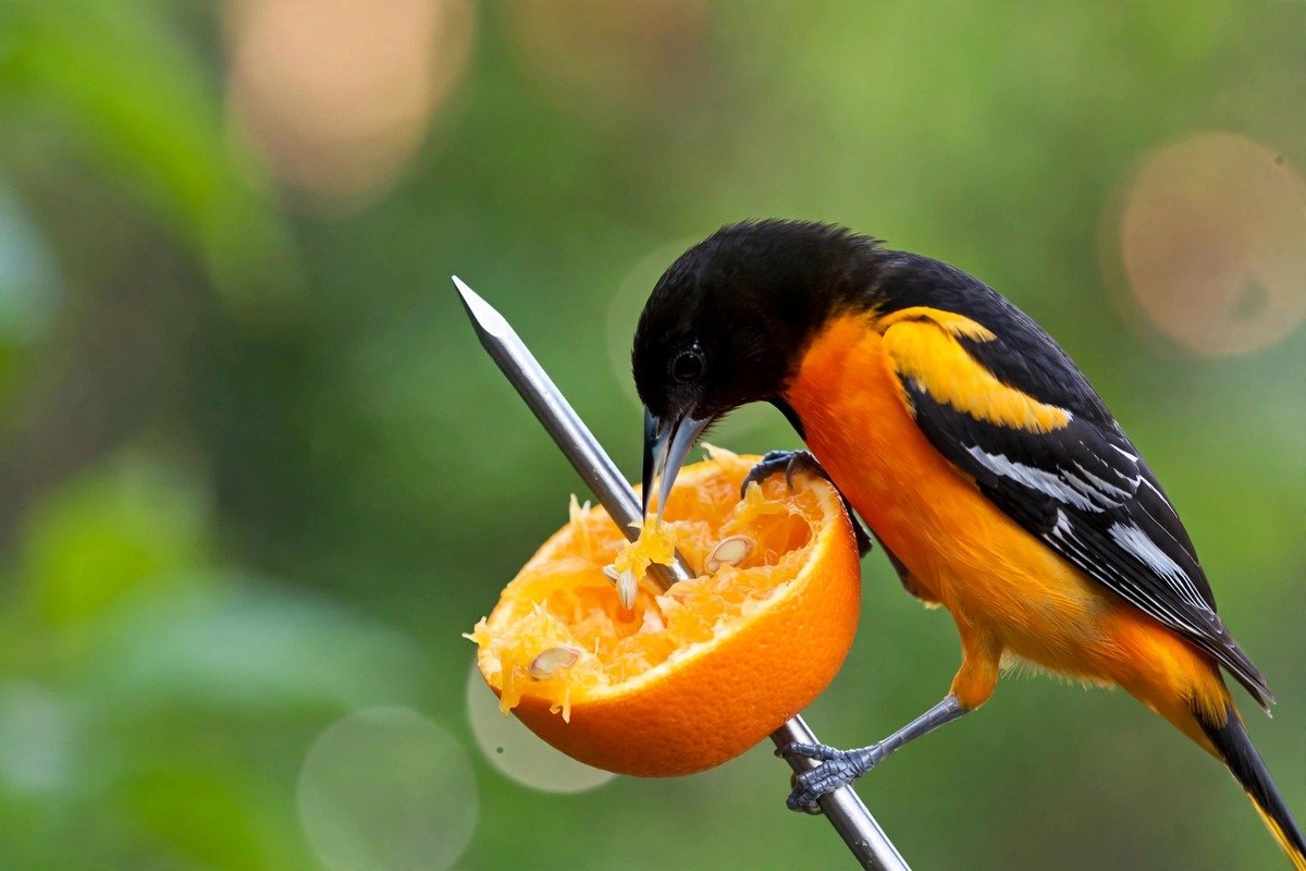 Male Baltimore oriole feeding on an orange half at a backyard feeder, a classic example of how to attract orioles to your yard