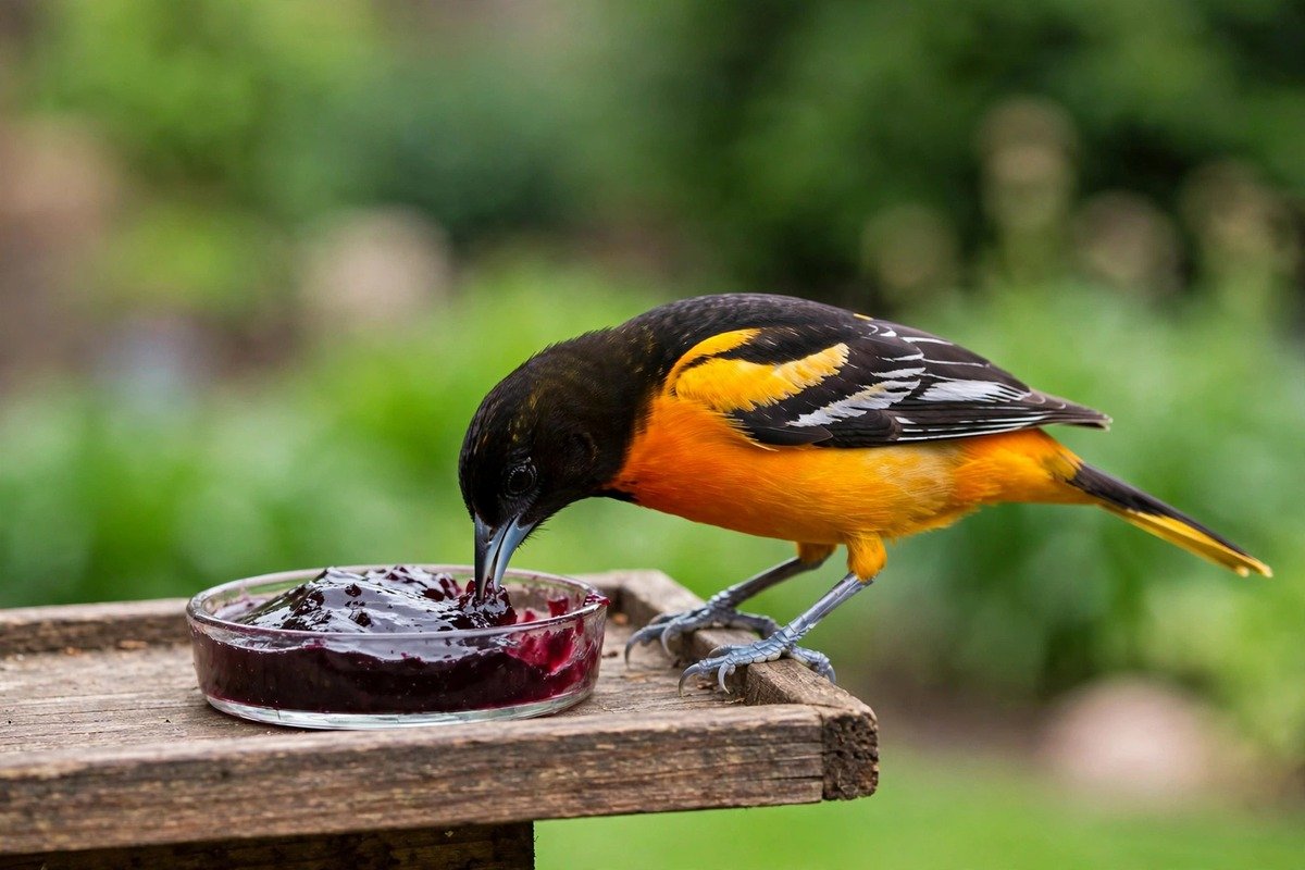 How to Attract Orioles to Your Yard: Feeders, Food, and Habitat 2 A male Baltimore oriole eating grape jelly from a small glass dish on a wooden platform feeder in a backyard garden