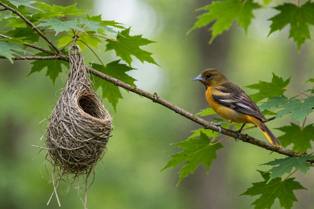 How to Attract Orioles to Your Yard: Feeders, Food, and Habitat 3 A woven sock-shaped pendant nest built by a Baltimore oriole hanging from a maple branch tip, with a female oriole perched nearby