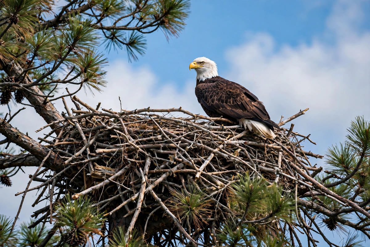 Bald eagle perched on a massive stick nest in a pine tree, showing why some birds reuse their nests for decades