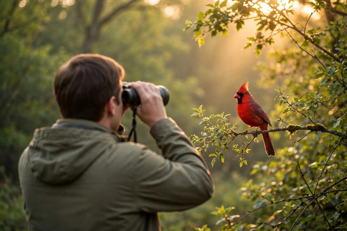 A beginner bird watcher seen from behind holding binoculars, observing a red northern cardinal on a branch in soft morning light, bird watching for beginners