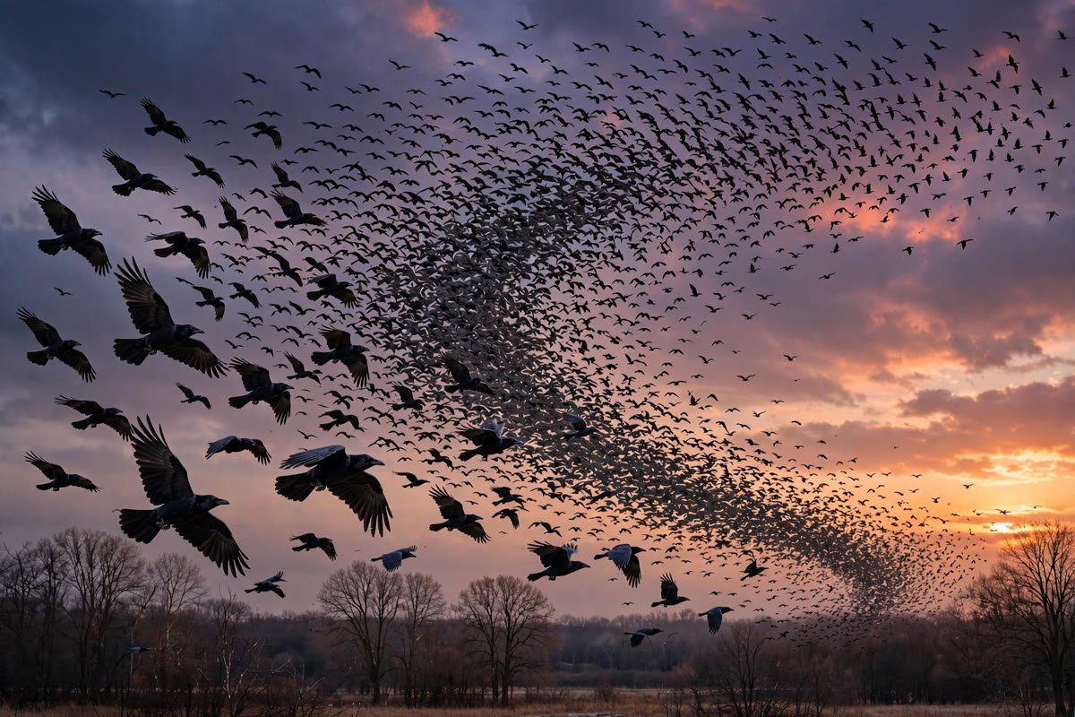 Huge flock of crows streaming into a winter roost at dusk over bare trees, showing why do crows gather in large numbers